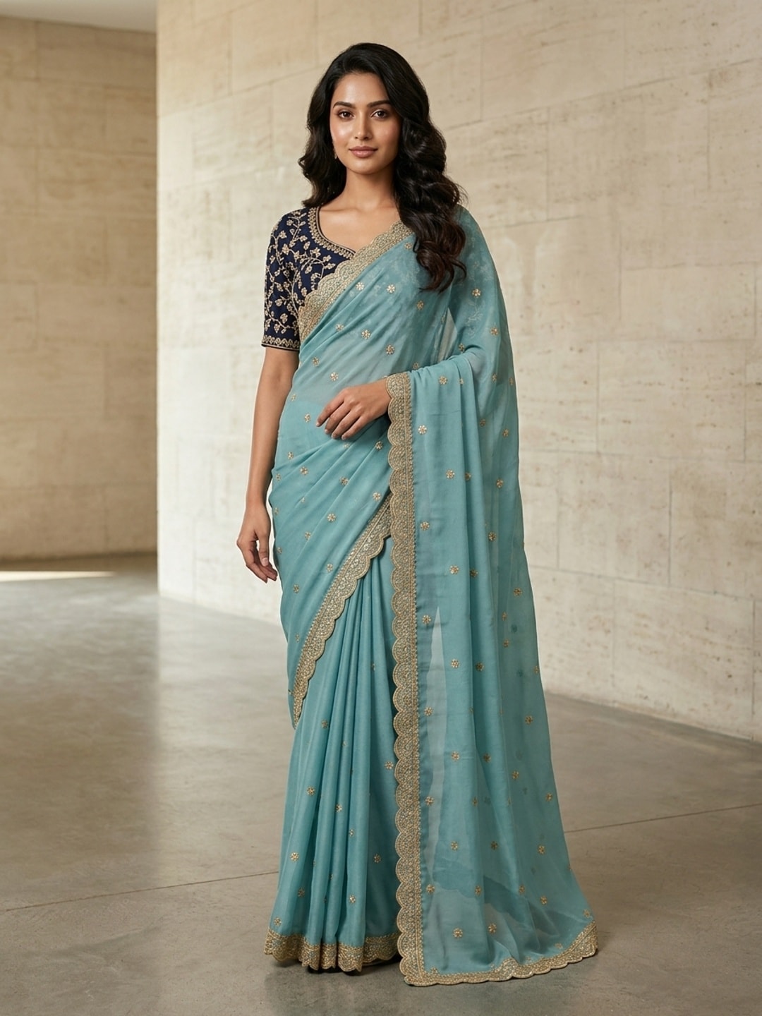 Peachmode Sky Blue Embroidered Georgette Saree - Image 1