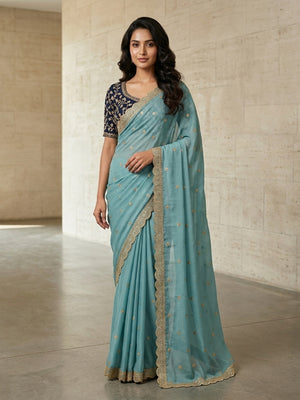 Peachmode Sky Blue Embroidered Georgette Saree - Image 1