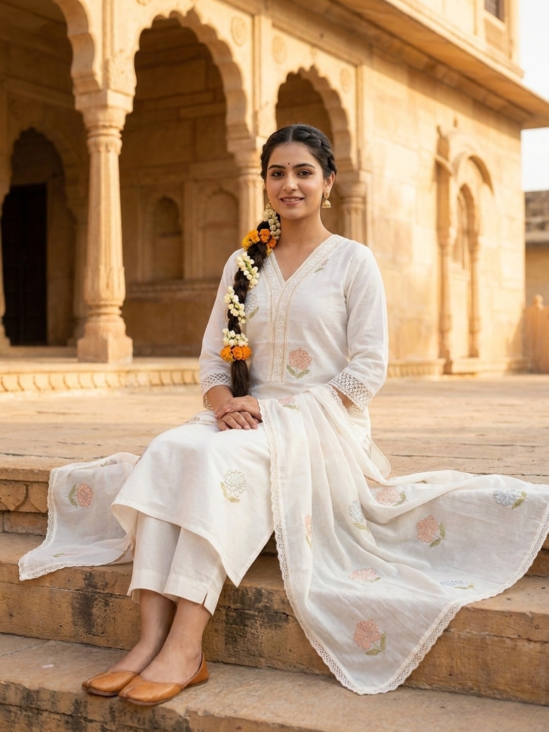 Peachmode Ivory Mul Cotton Embroidered Salwar Suit - Image 2