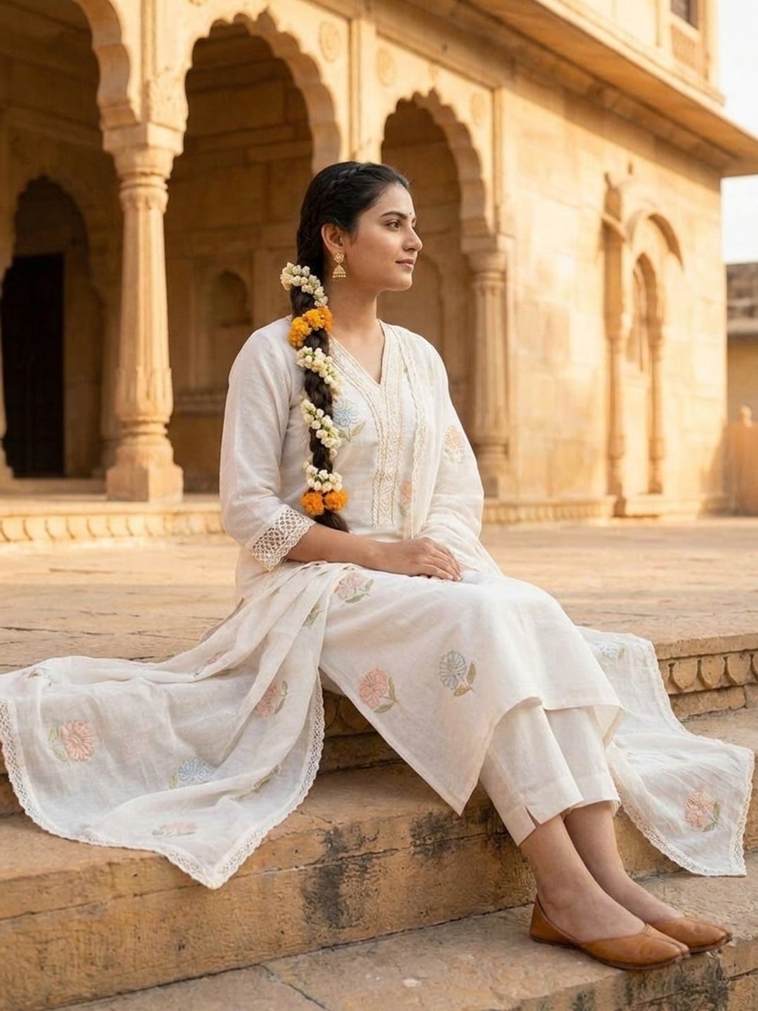 Peachmode Ivory Mul Cotton Embroidered Salwar Suit - Image 3