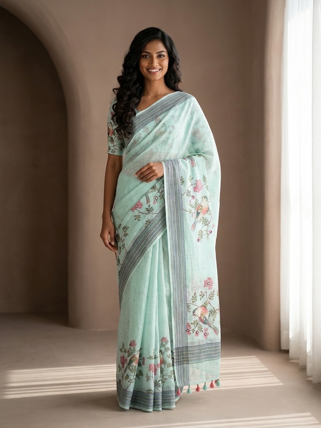 Peachmode Mint Green Bird Printed Linen Saree With Mirror Work - Image 1