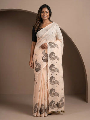 Peachmode Peach Peacock Paisley Printed Linen Saree With Mirror Work - Image 1