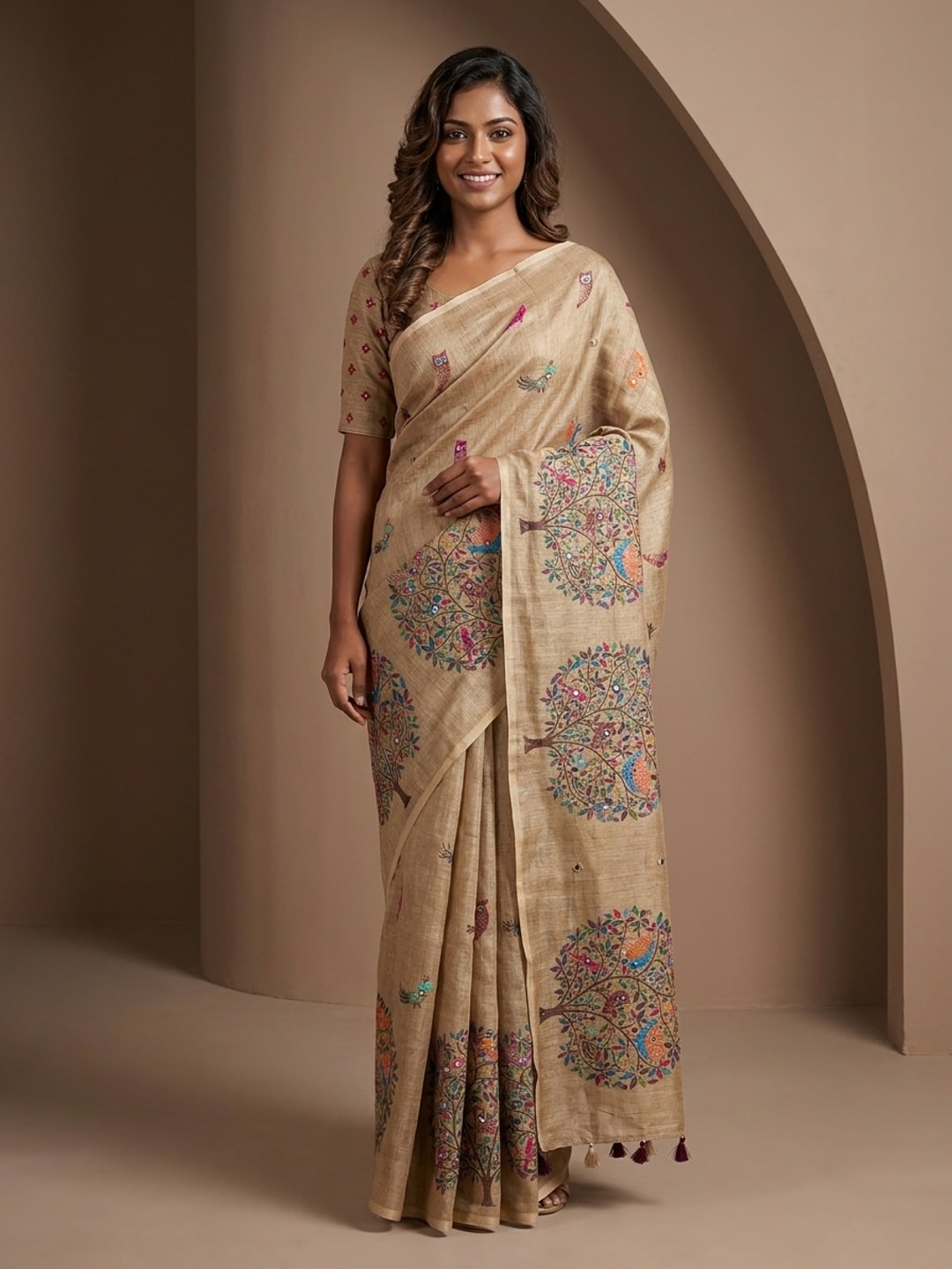 Peachmode Beige Tree Of Life Printed Linen Saree With Mirror Work - Image 1