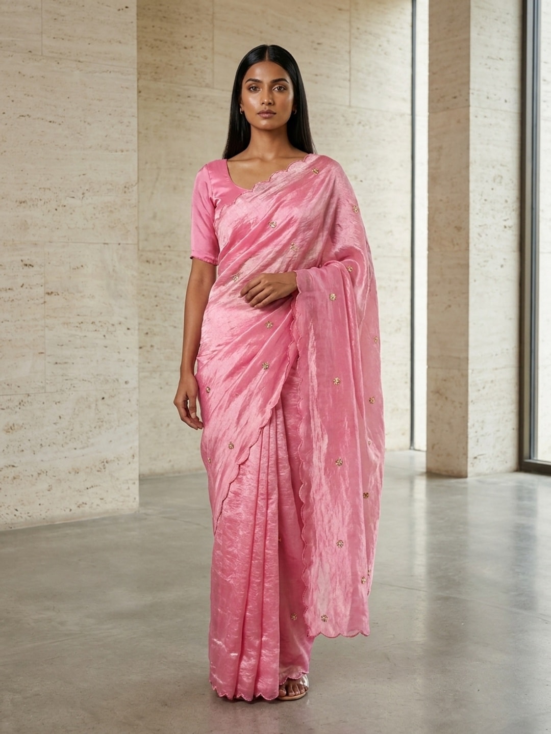 Peachmode Pink Fendy Satin Saree With Beads Work - Image 1