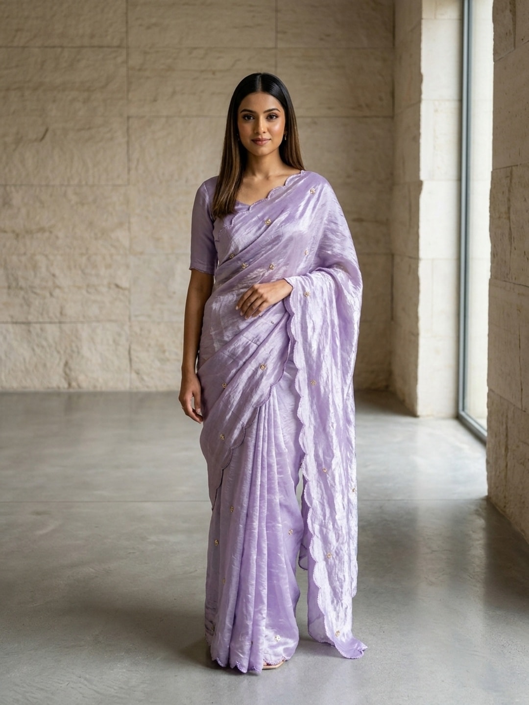 Peachmode Lavender Fendy Satin Saree With Beads Work - Image 1