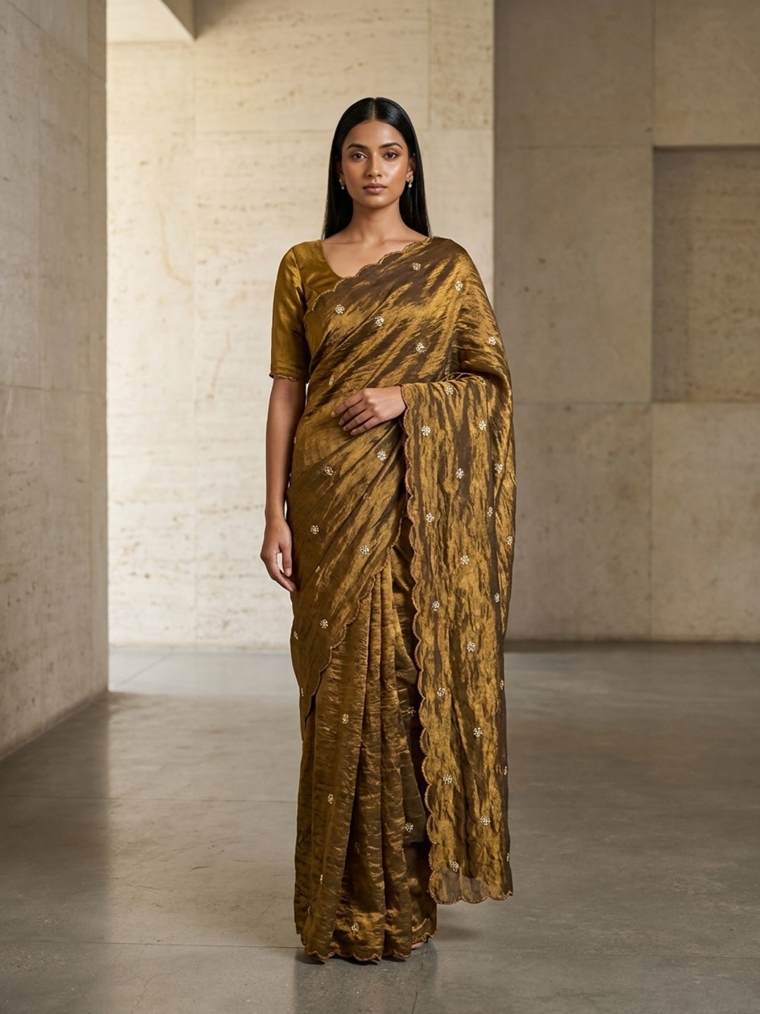 Peachmode Gold Fendy Satin Saree With Beads Work - Image 1