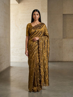 Peachmode Gold Fendy Satin Saree With Beads Work - Image 1