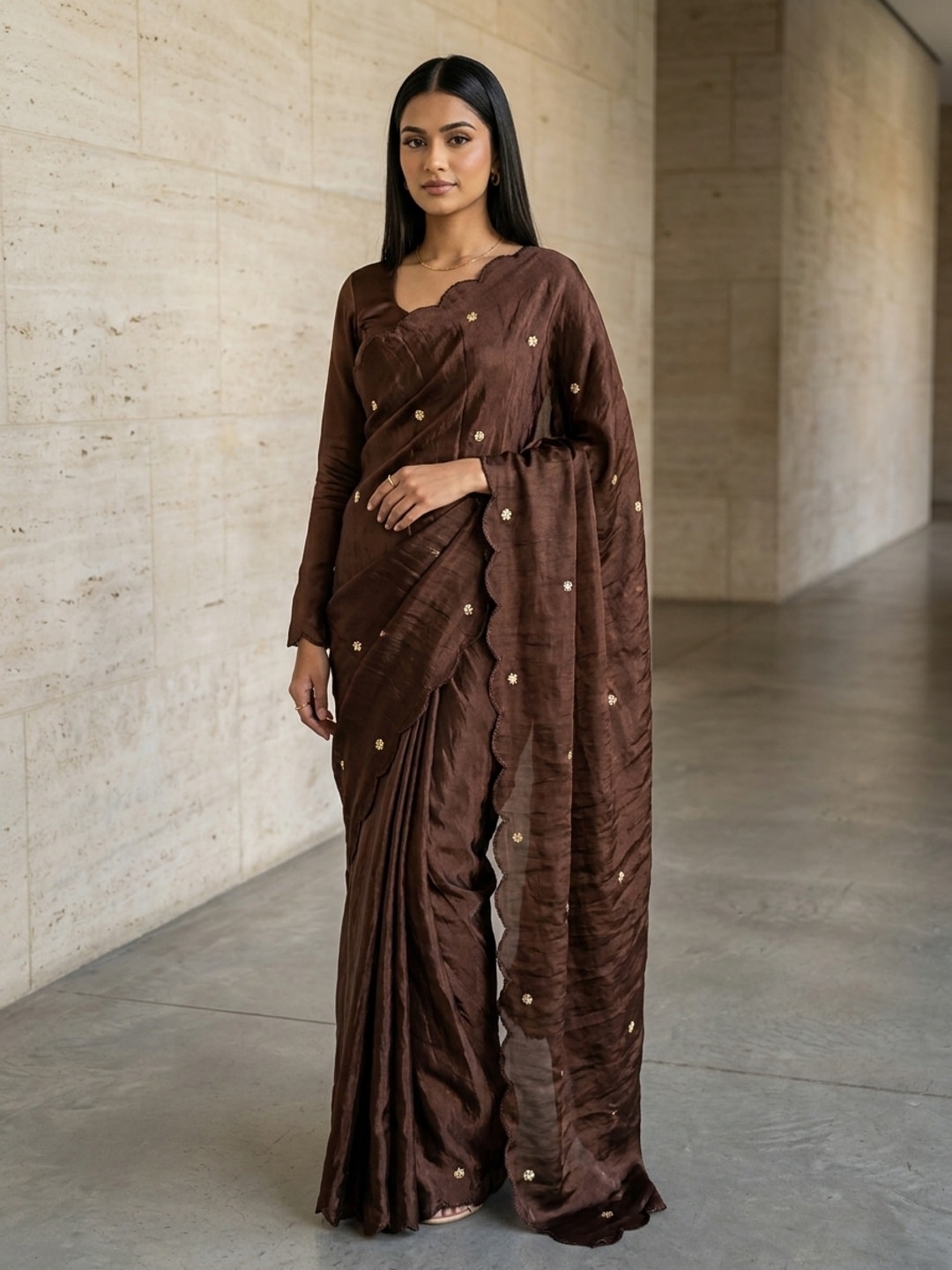 Peachmode Brown Fendy Satin Saree With Beads Work - Image 1