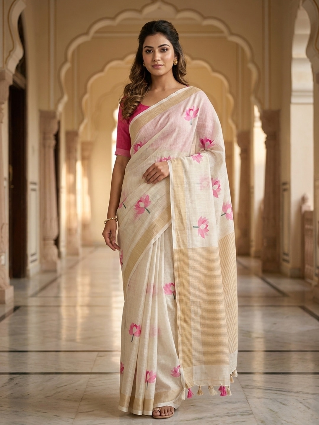 Peachmode Offwhite Lotus Printed Linen Saree - Image 1