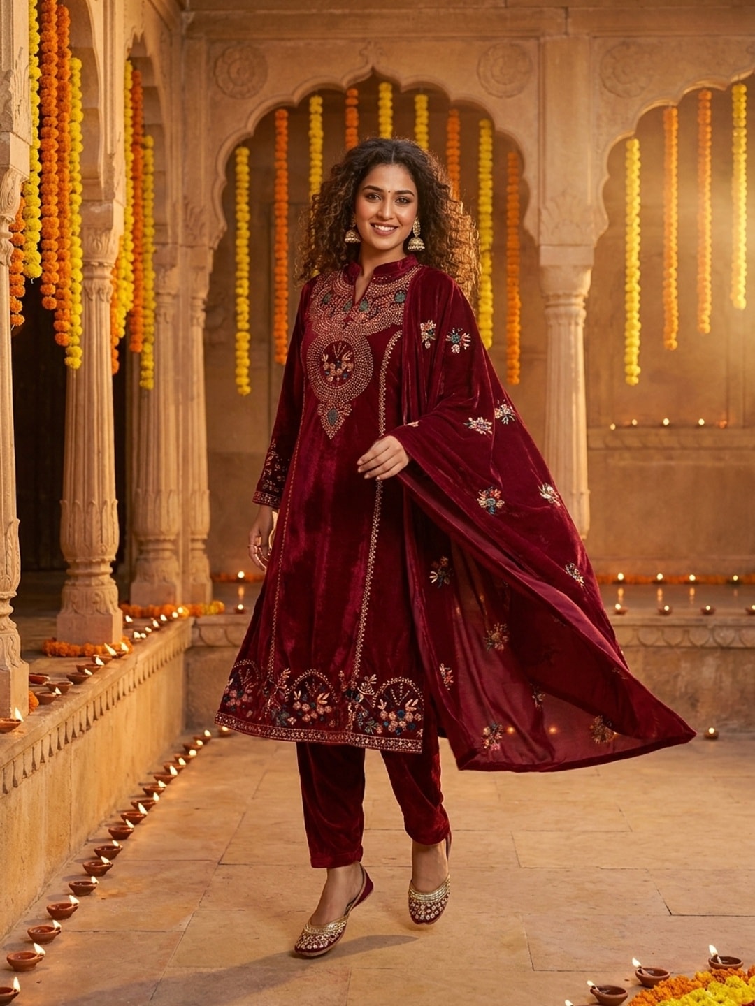 Peachmode Maroon Beaded Embroidered Velvet Salwar Suit with Dupatta - Image 2