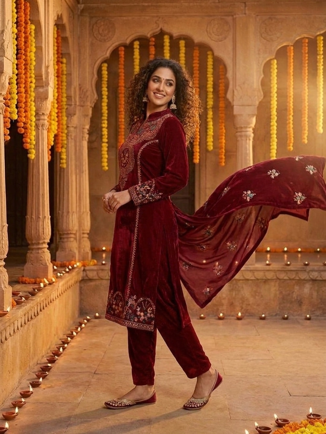 Peachmode Maroon Beaded Embroidered Velvet Salwar Suit with Dupatta - Image 3