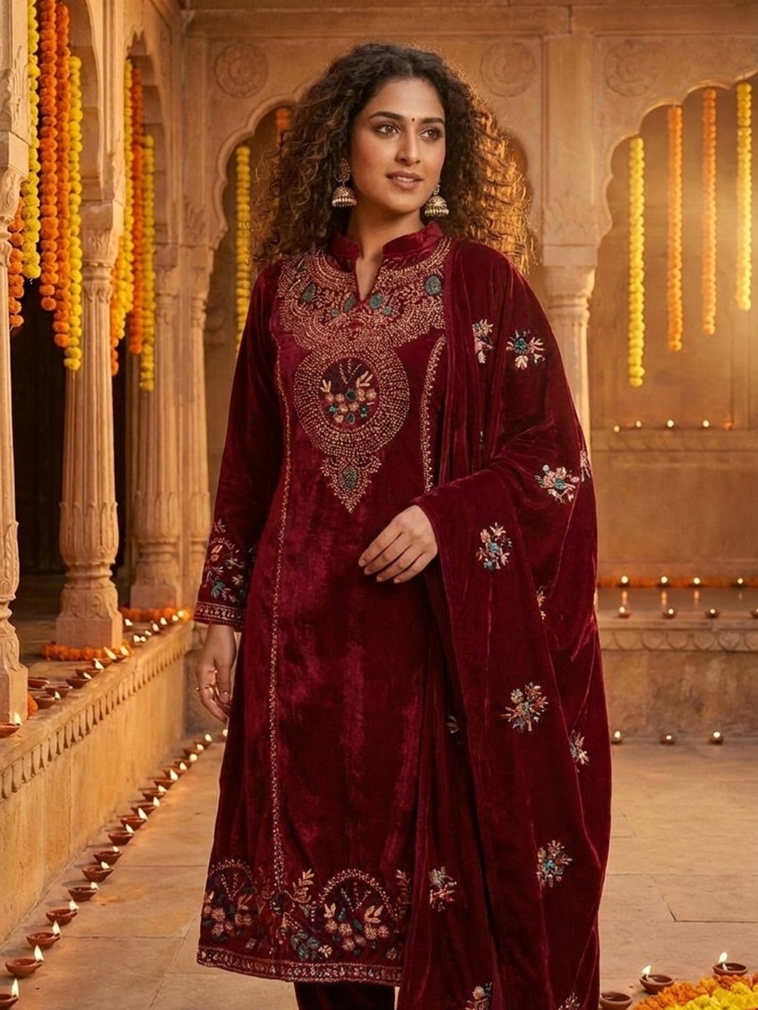 Peachmode Maroon Beaded Embroidered Velvet Salwar Suit with Dupatta - Image 5