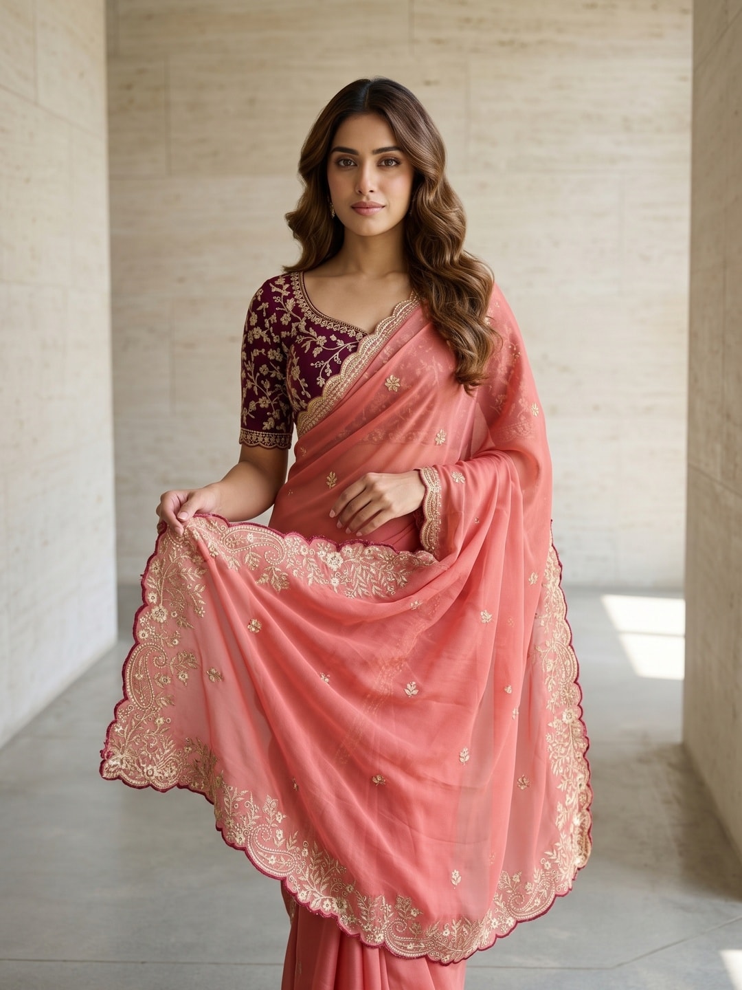 Peachmode Coral Embroidered Georgette Saree - Image 3