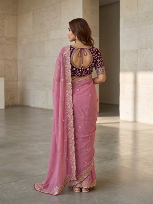 Peachmode Pink Embroidered Georgette Saree - Image 2
