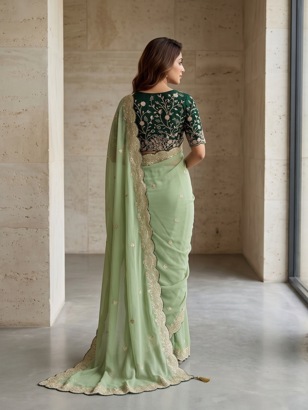 Peachmode Pista Green Embroidered Georgette Saree - Image 2