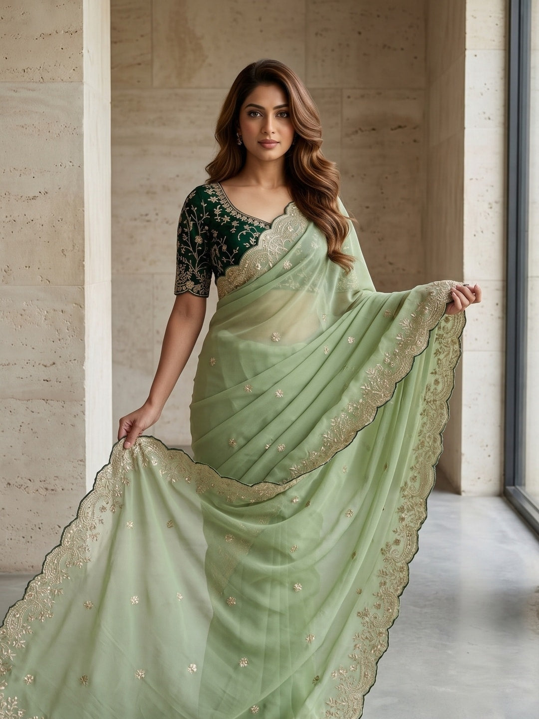 Peachmode Pista Green Embroidered Georgette Saree - Image 3