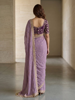 Peachmode Lavender Embroidered Georgette Saree - Image 2