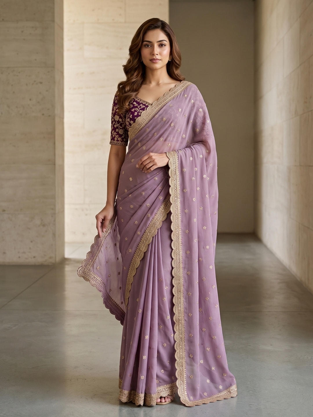 Peachmode Lavender Embroidered Georgette Saree - Image 3