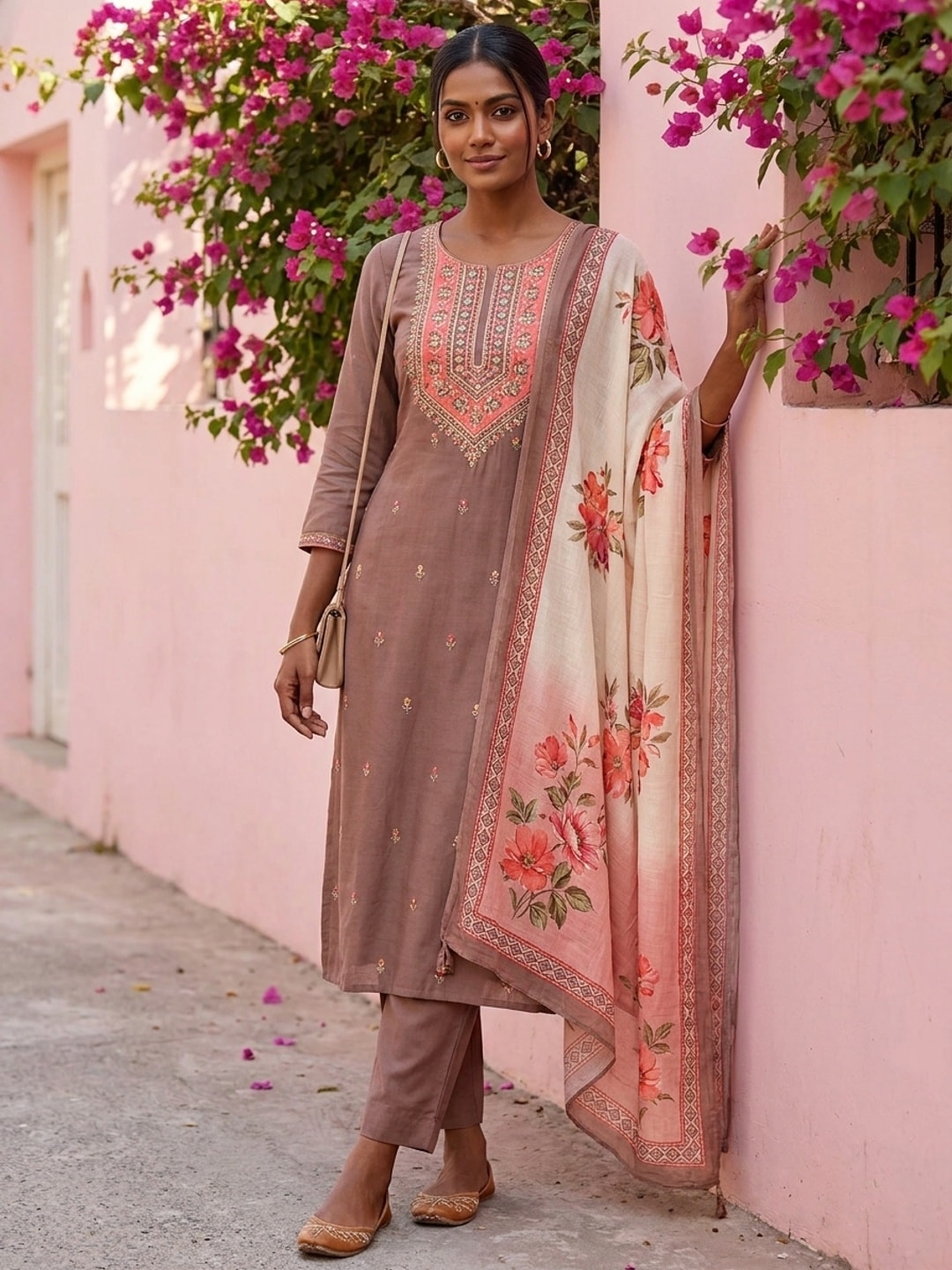 Peachmode Muslin Embroidered Yoke Salwar Suit With Floral Print Dupatta - Image 1