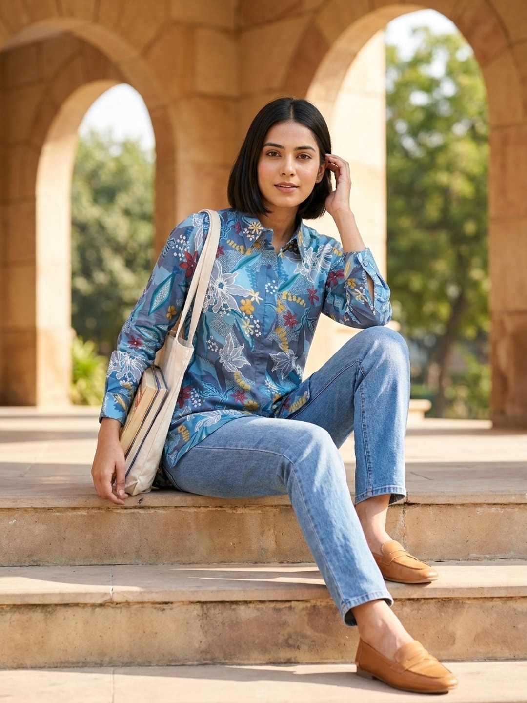 Peachmode Blue Floral Print Cotton Shirt - Image 1