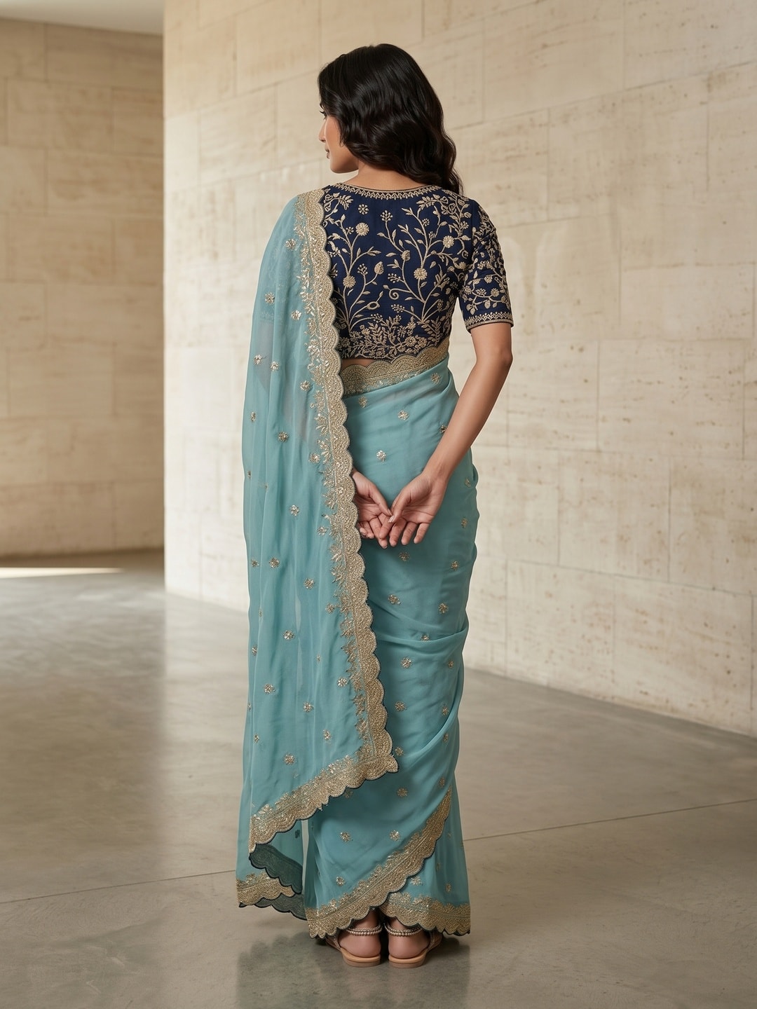 Peachmode Sky Blue Embroidered Georgette Saree - Image 2