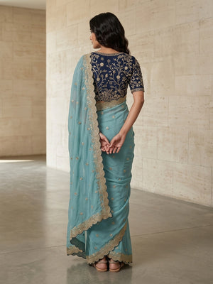 Peachmode Sky Blue Embroidered Georgette Saree - Image 2