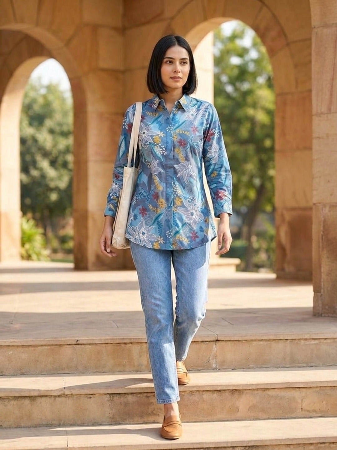 Peachmode Blue Floral Print Cotton Shirt - Image 2