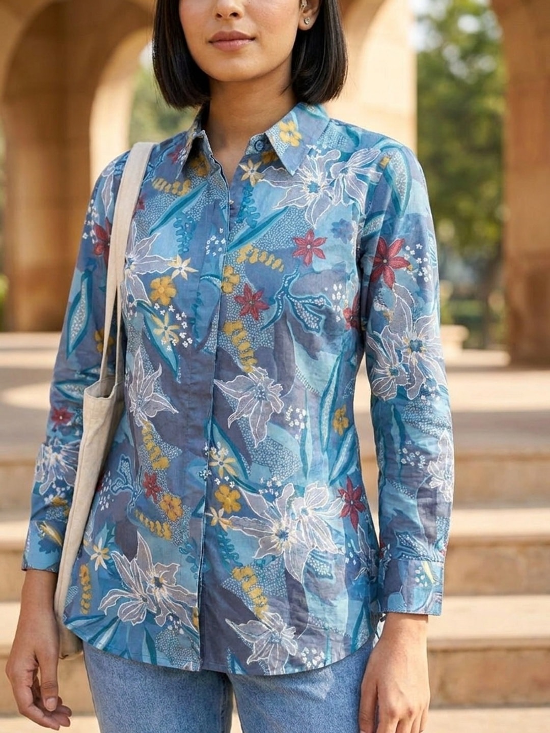Peachmode Blue Floral Print Cotton Shirt - Image 4