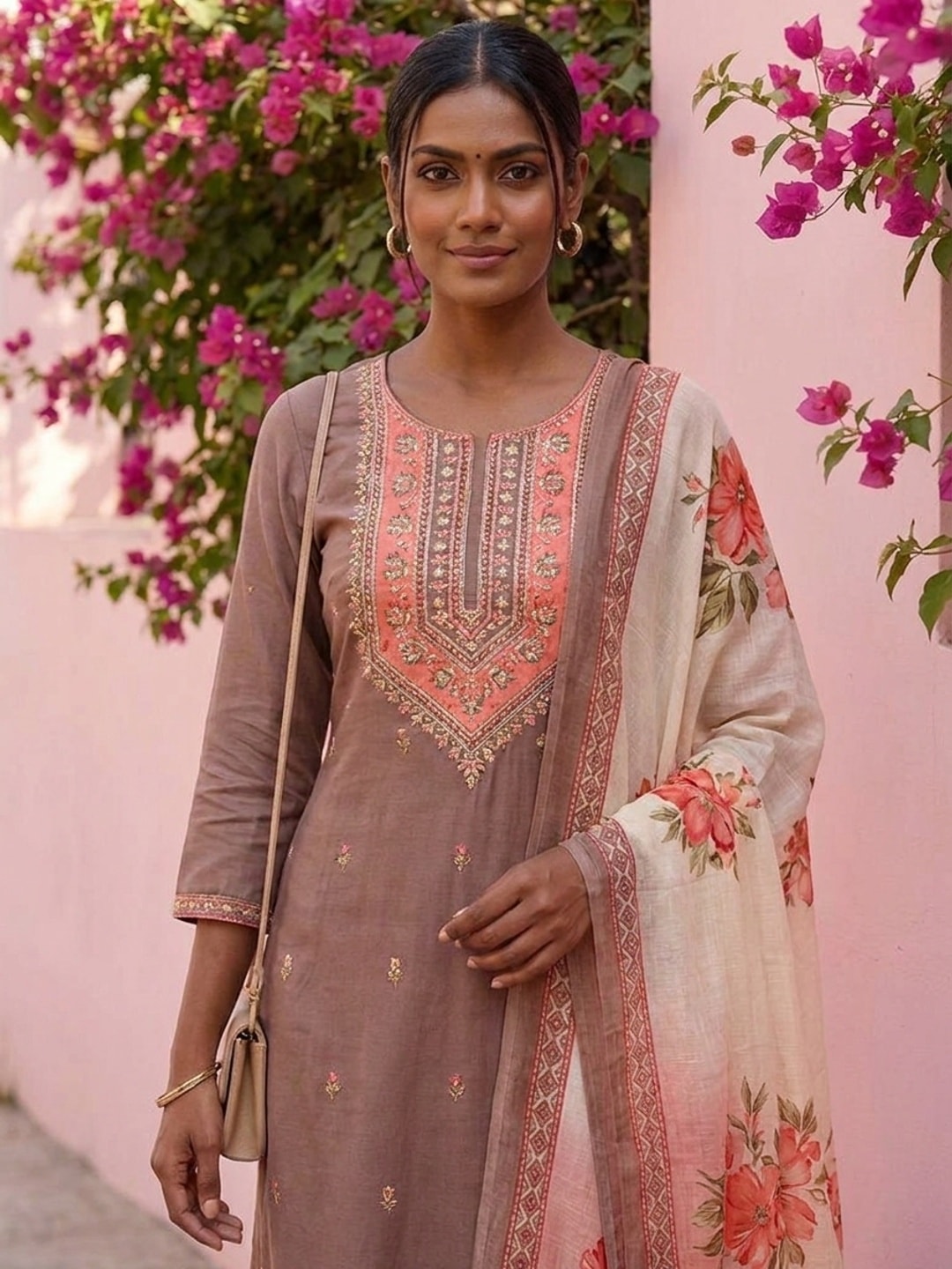 Peachmode Muslin Embroidered Yoke Salwar Suit With Floral Print Dupatta - Image 4