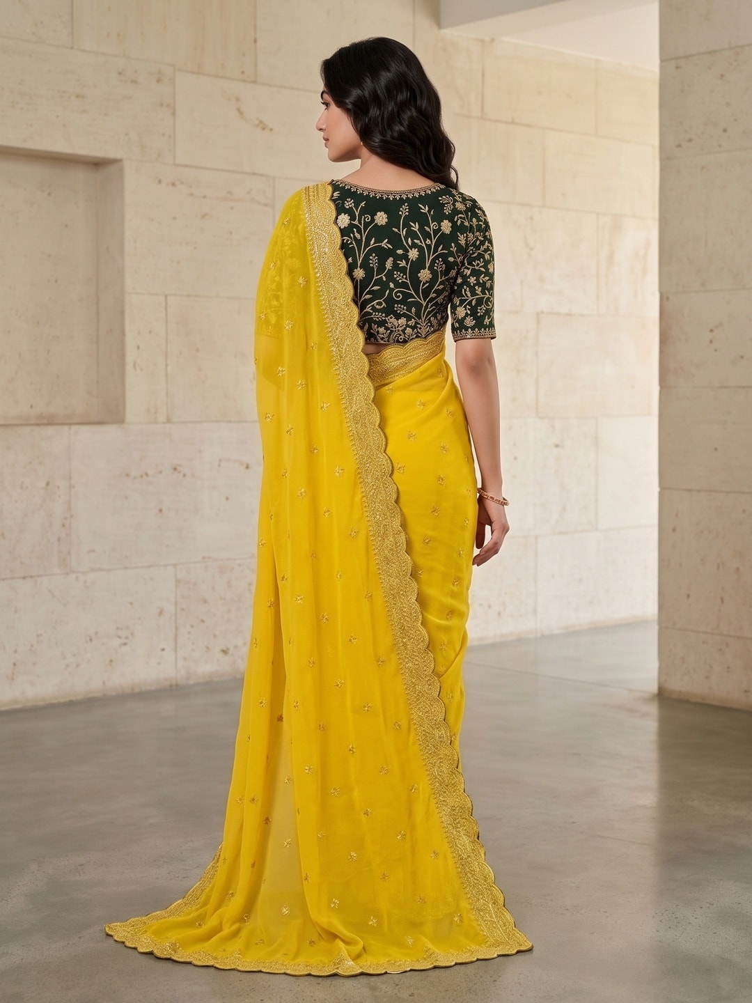 Peachmode Yellow Embroidered Georgette Saree - Image 2