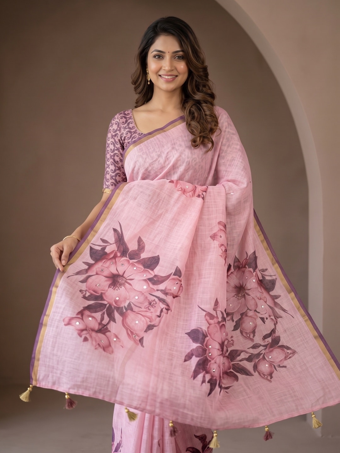 Peachmode Pink Floral Printed Linen Saree With Mirror Work - Image 4