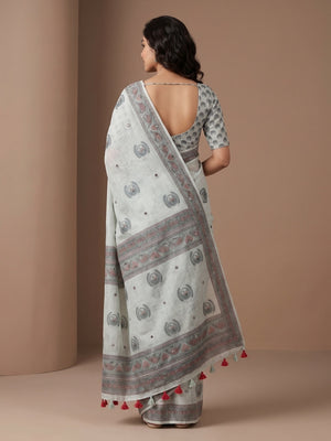 Peachmode Grey Peacock Printed Linen Saree With Mirror Work - Image 2