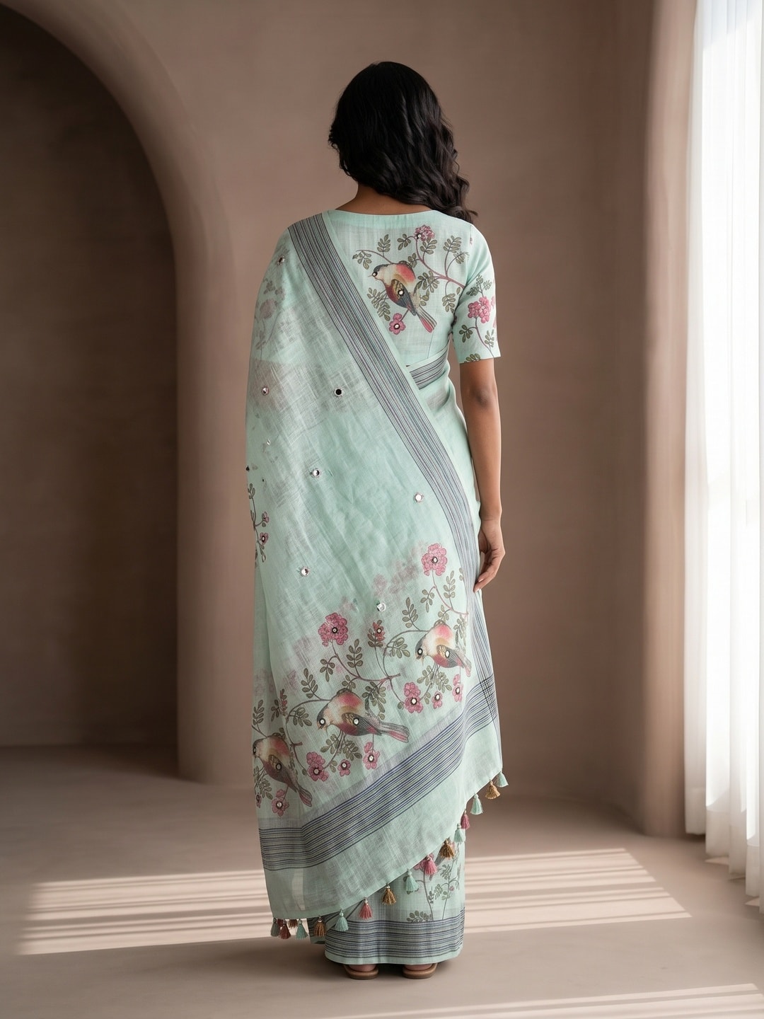 Peachmode Mint Green Bird Printed Linen Saree With Mirror Work - Image 2