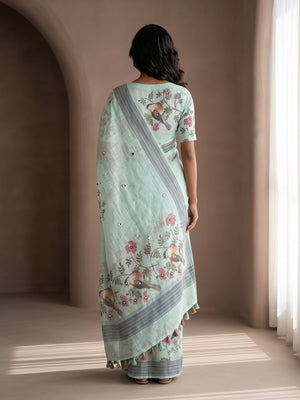 Peachmode Mint Green Bird Printed Linen Saree With Mirror Work - Image 2