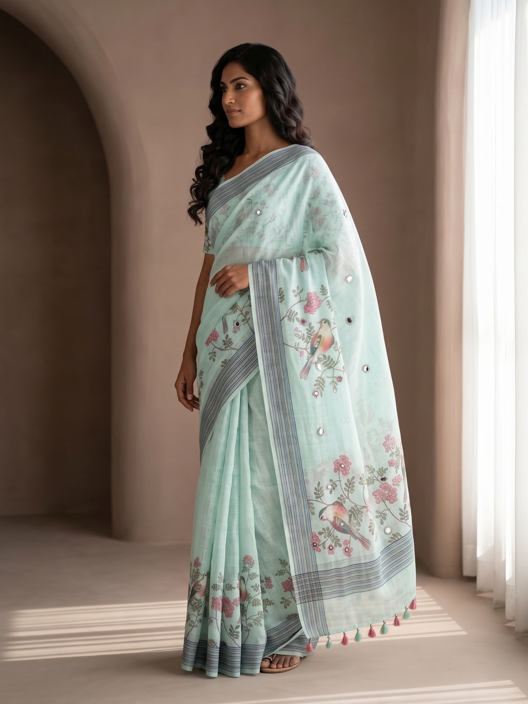 Peachmode Mint Green Bird Printed Linen Saree With Mirror Work - Image 3