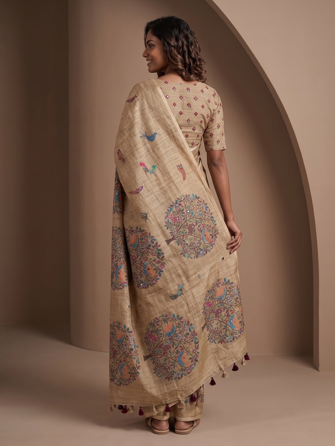 Peachmode Beige Tree Of Life Printed Linen Saree With Mirror Work - Image 2
