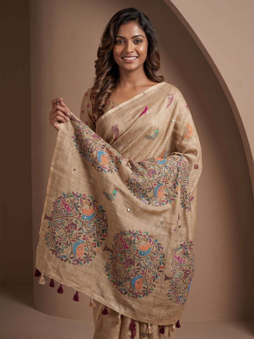 Peachmode Beige Tree Of Life Printed Linen Saree With Mirror Work - Image 4