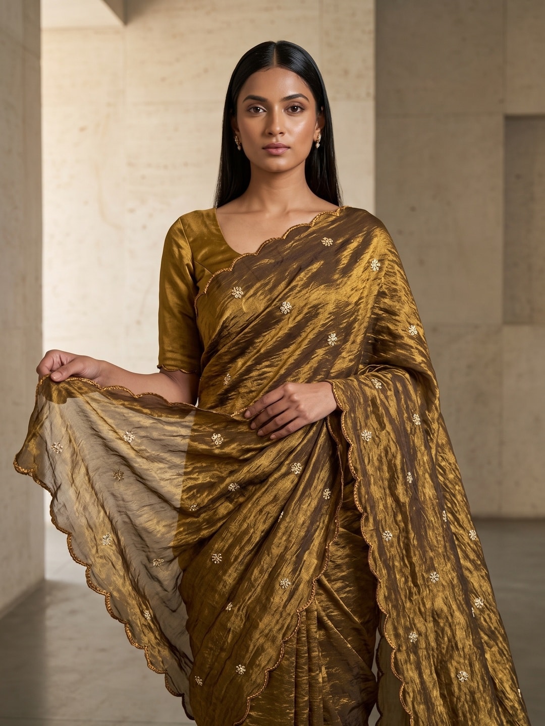 Peachmode Gold Fendy Satin Saree With Beads Work - Image 3