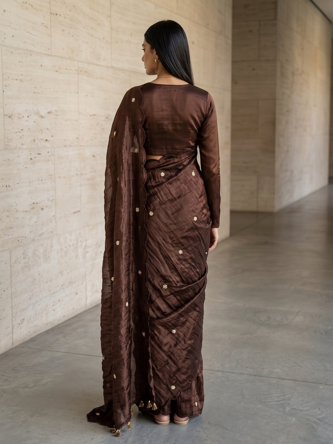 Peachmode Brown Fendy Satin Saree With Beads Work - Image 2