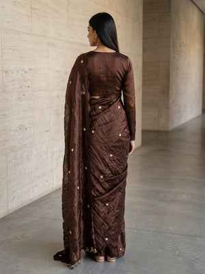 Peachmode Brown Fendy Satin Saree With Beads Work - Image 2