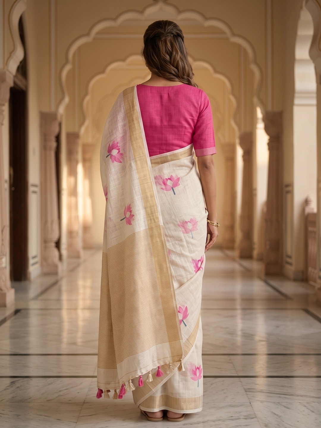 Peachmode Offwhite Lotus Printed Linen Saree - Image 2