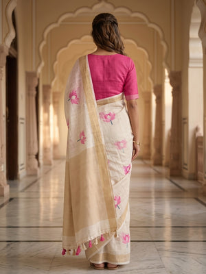 Peachmode Offwhite Lotus Printed Linen Saree - Image 2