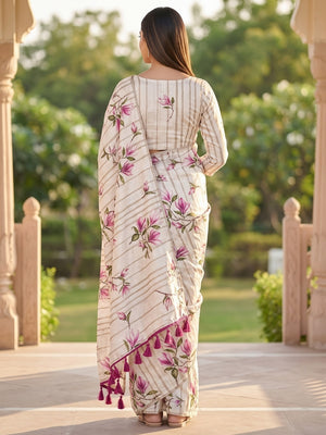 Peachmode Offwhite Floral Printed Art Silk Saree - Image 2
