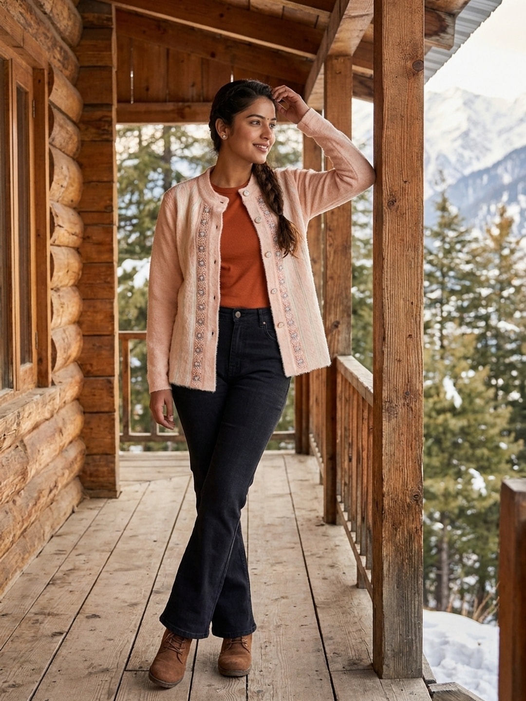 Peachmode Beige Woolen Embroidered Cardigan - Image 1