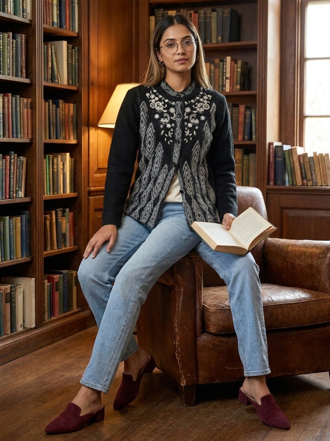 Peachmode Black Woolen Embroidered Cardigan - Image 1