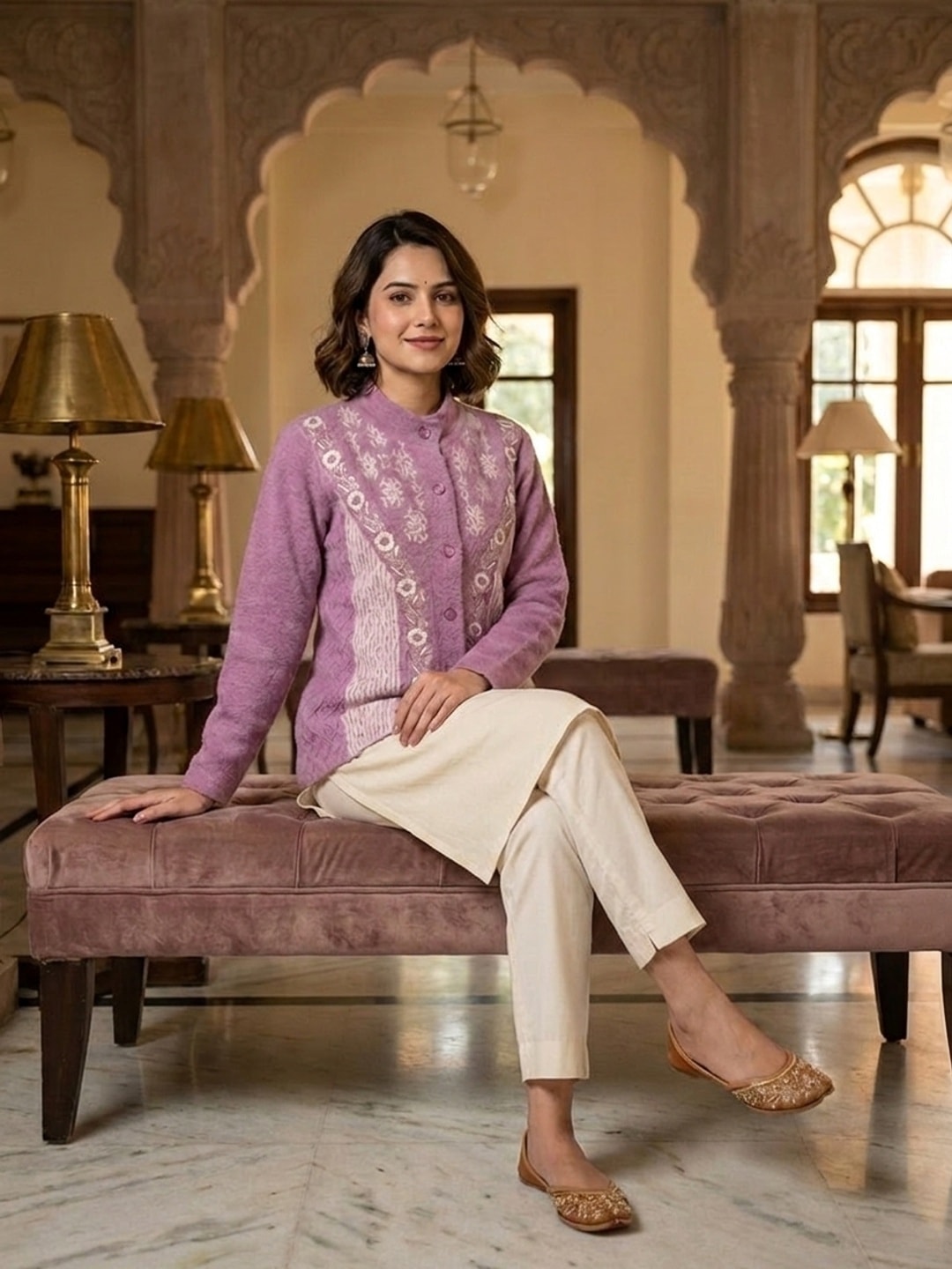 Peachmode Purple Woolen Embroidered Cardigan - Image 2
