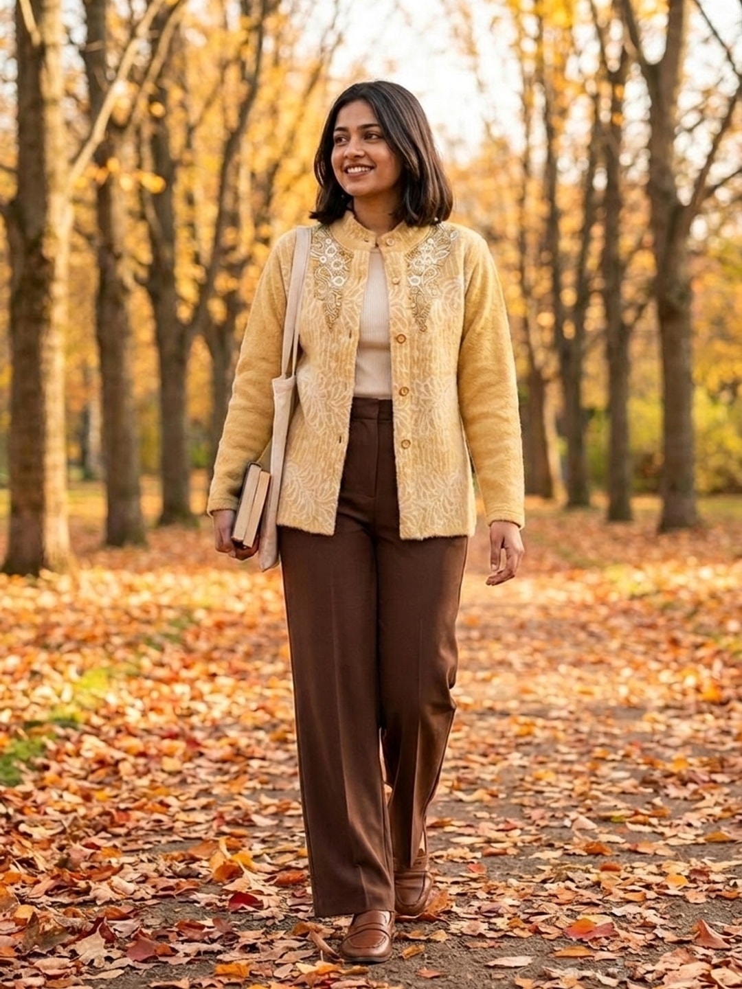 Peachmode Mustard Woolen Embroidered Cardigan - Image 2