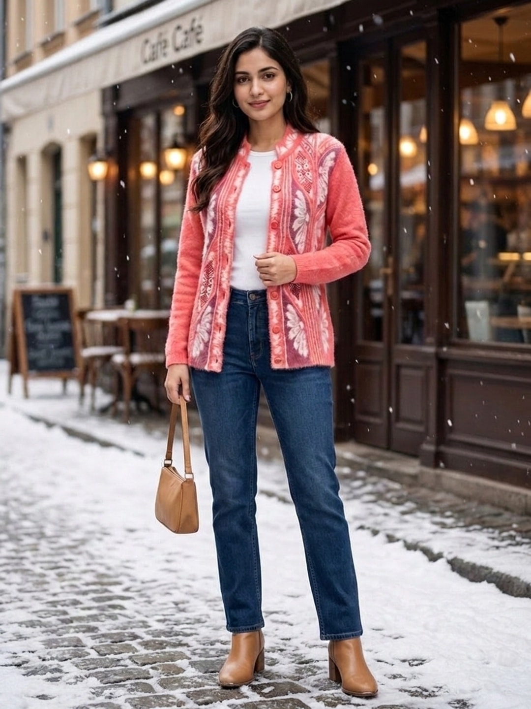 Peachmode Coral Woolen Embroidered Cardigan - Image 2
