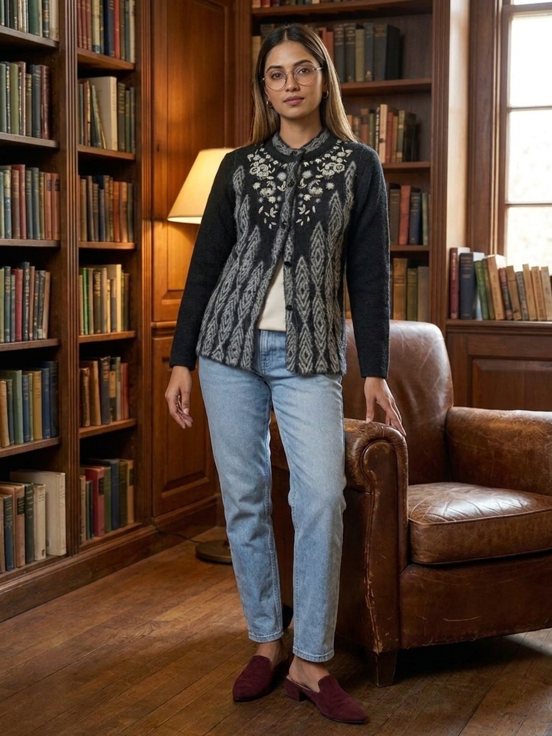 Peachmode Black Woolen Embroidered Cardigan - Image 2