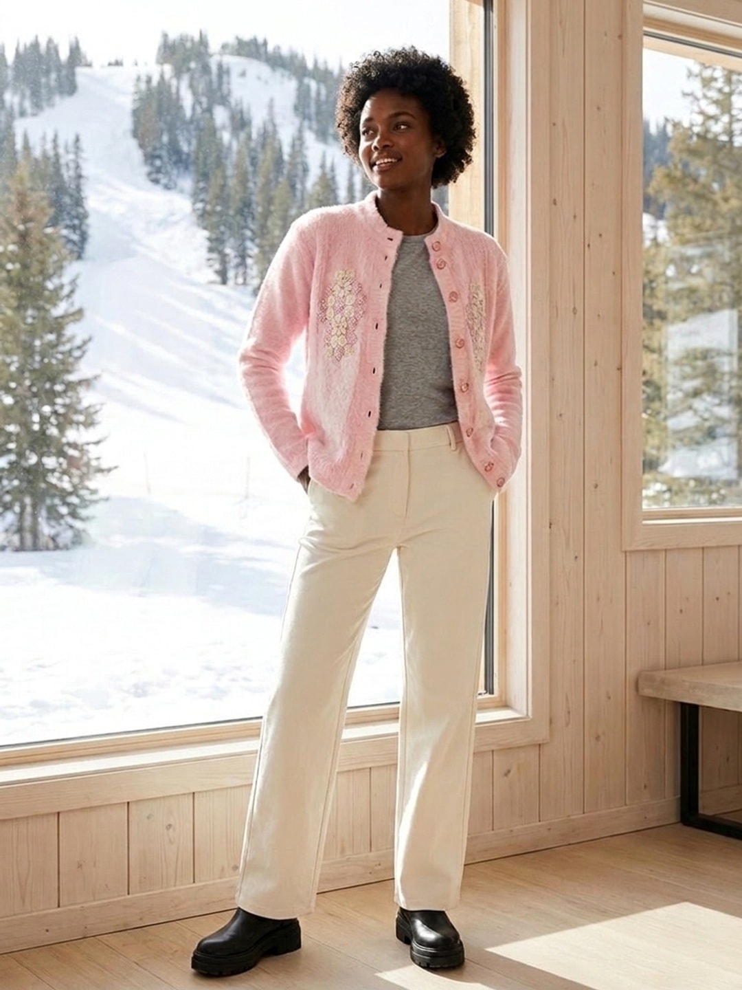 Peachmode Baby Pink Woolen Embroidered Cardigan - Image 2